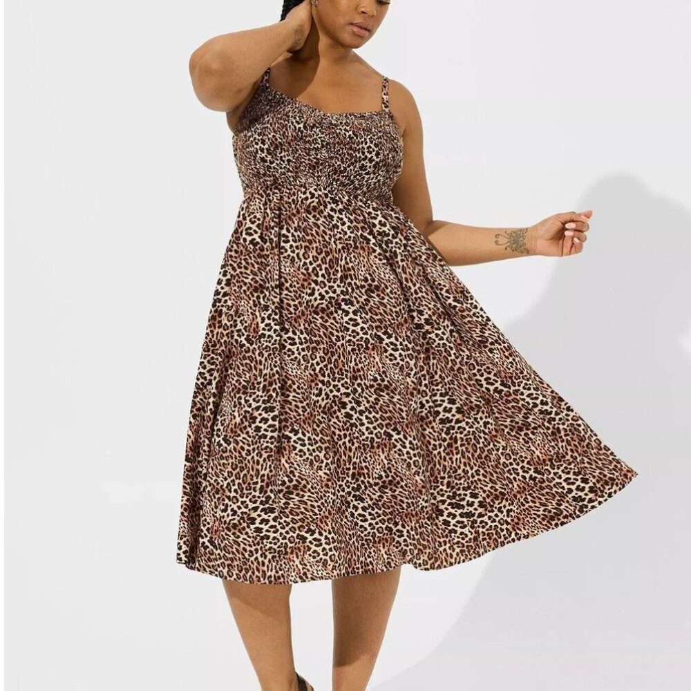 Torrid Midi Washable Challis Sweetheart Smocked Bust Dress Leopard Print NWT